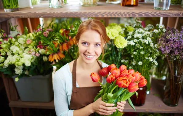 Look, girl, flowers, red, bouquet, hairstyle, tulips, cute