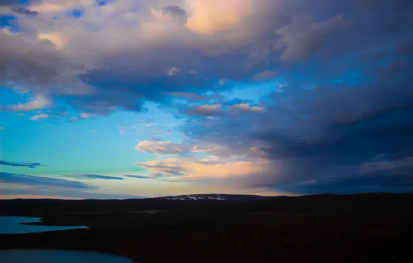 The sky, clouds, mountains, lake, Hills, Murmansk