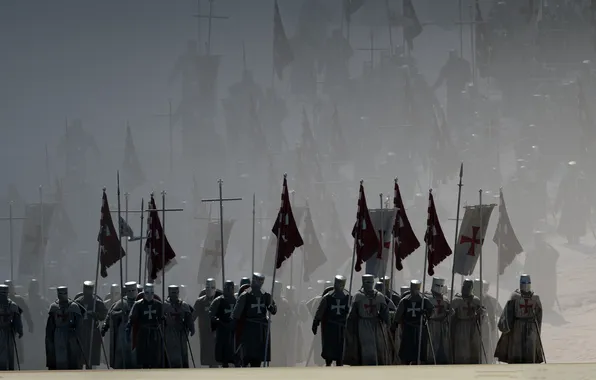 Sword, army, flag, Knights, shield, banners, digital art, Crusader