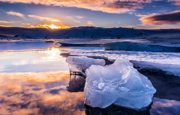 Ice, winter, the sky, water, the sun, clouds, snow, landscape