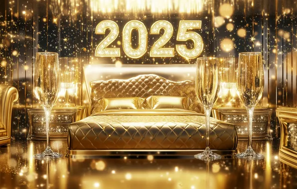 Gold, bed, digital art, digital art, Happy New Year!, 2025, AI art, Stability AI