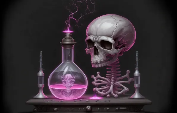Skull, bones, black background, smoke, digital art, the bulb, digital art, AI art