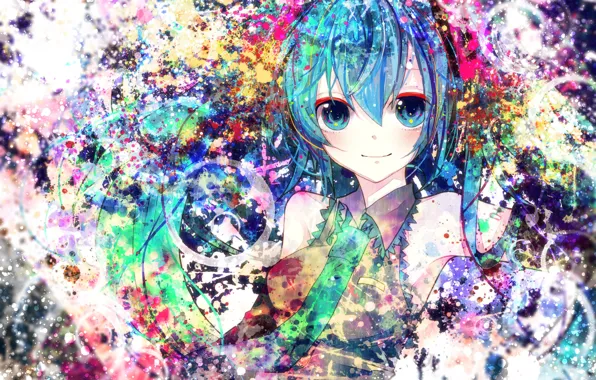 Picture girl, smile, colorful, art, tie, vocaloid, hatsune miku, Vocaloid