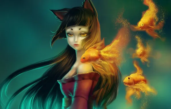 Picture girl, fish, fish, art, sparks, gold