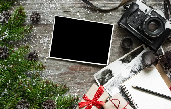 Photo, tree, camera, New Year, Christmas, gifts, Christmas, vintage