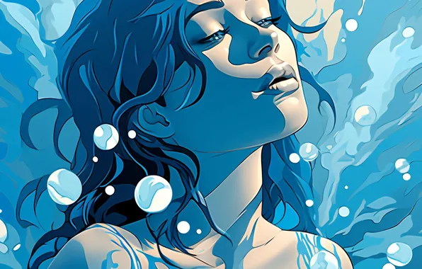 Water, Girl, Face, Bubbles, Digital art, AI art, The Art of Artificial Intelligence, Neural network