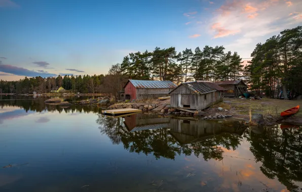 Forest, trees, sunset, stones, shore, boat, home, the evening