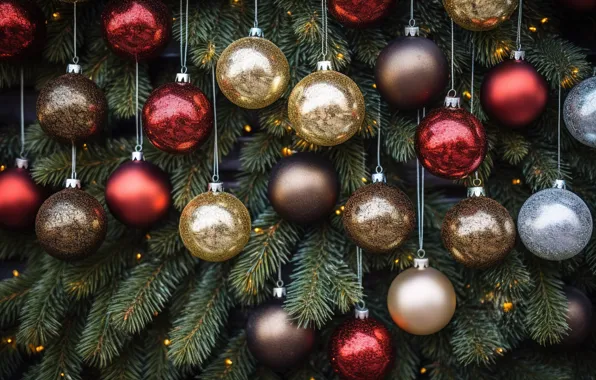 Background, balls, tree, New Year, Christmas, red, golden, new year