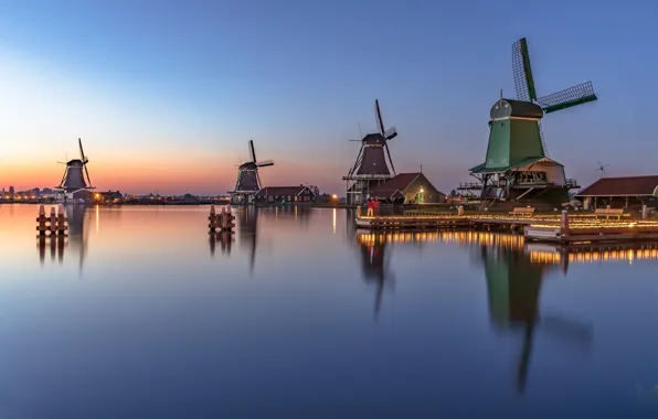 Lights, the evening, mill, Netherlands, Holland, Zaanse Schans