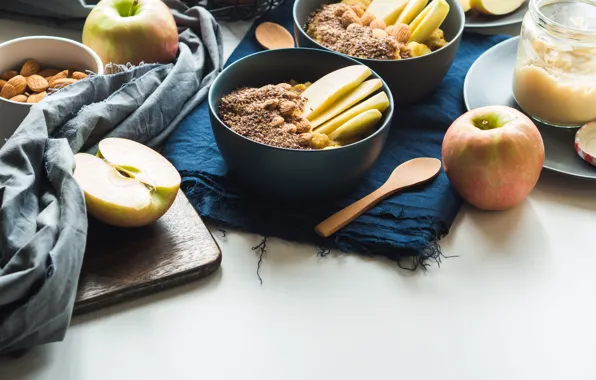 Apples, Breakfast, nuts, honey, almonds, granola