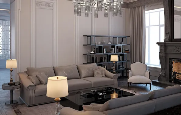 Design, style, lamp, room, interior, fireplace, living room, upholstered furniture
