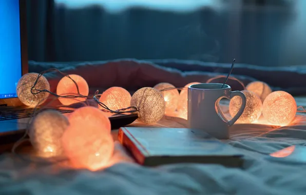 Picture mug, book, laptop, garland