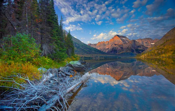 Forest, the sky, mountains, lake, stones, Montana, USA, Lake Josephine