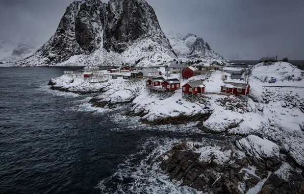 Winter, snow, mountains, stones, overcast, rocks, Norway, Bay