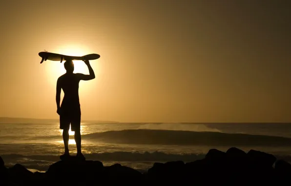 Picture the sun, the ocean, the evening, guy, fun, surfing, riding