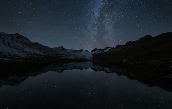 Mountains, night, stars, Switzerland, The Milky Way, Toten Lake