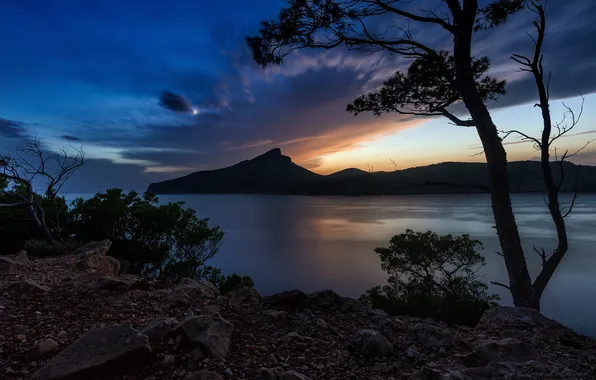 The sky, clouds, sunset, mountains, night, clouds, blue, stones