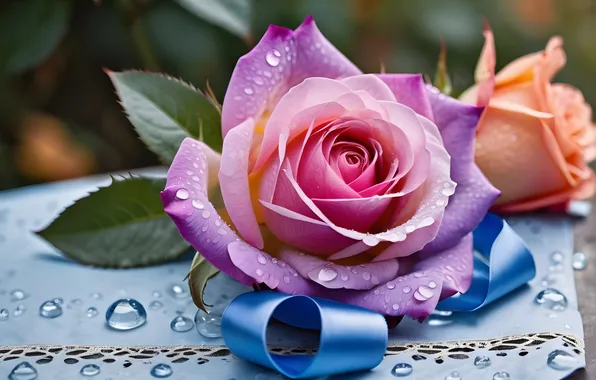 Flower, drops, rose, petals, tape