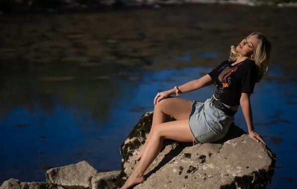 Skirt, blonde, blouse, legs, sitting, Veronika, on the stone