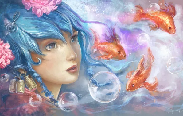 Eyes, look, water, girl, fish, bubbles, art, painting