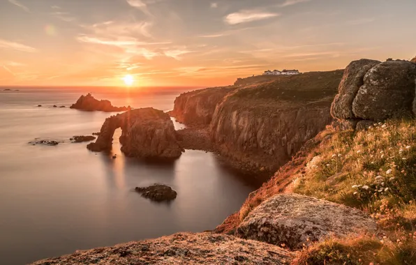 Sunset, coast, England, Cornwall, Enys Dodnan Arch