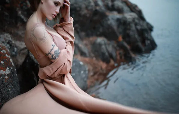 Picture water, rocks, Girl, dress, tattoo, hairstyle, Faith, Anton Montbrillant