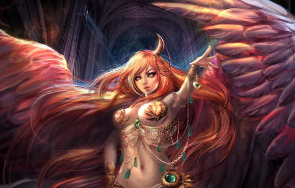 Girl, wings, angel, red, horn