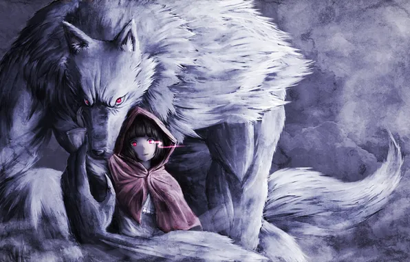 Picture wolf, little red riding hood, art, girl, cloak, red eyes, namacotan