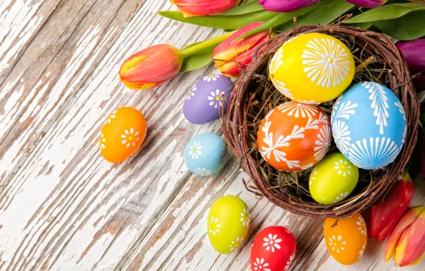 Colorful, Easter, tulips, wood, flowers, tulips, spring, Easter