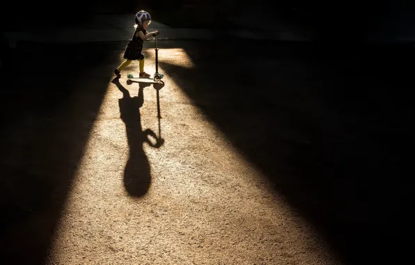Light, shadow, girl, scooter