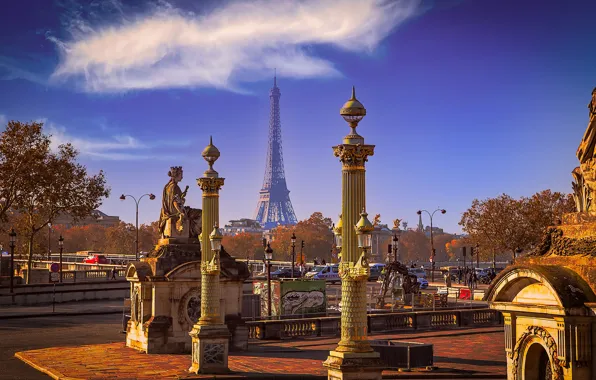 Clouds, trees, France, Paris, Eiffel tower, Paris, architecture, statues