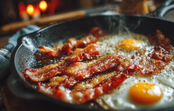 Food, eggs, couples, meat, scrambled eggs, dish, bacon, hot