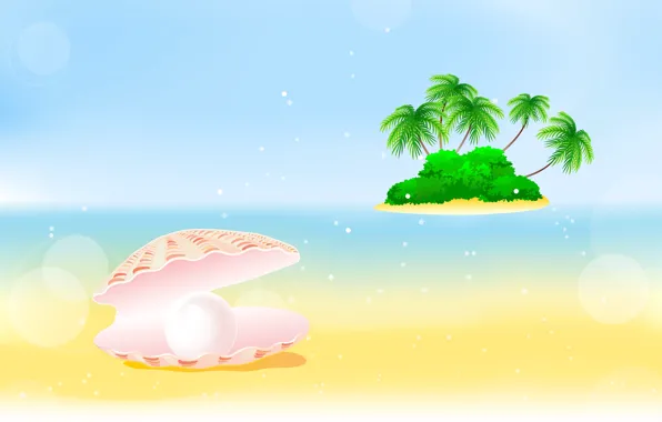 Sea, palm trees, island, shell, the bushes, pearl, bushes, palm trees
