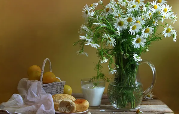 Flowers, glass, chamomile, milk, pitcher, still life, basket, plum
