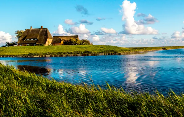 Picture the sky, grass, clouds, river, island, home