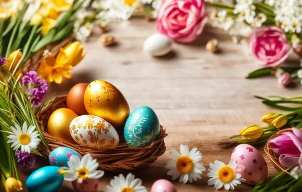 Flowers, eggs, spring, colorful, Easter, happy, flowers, spring