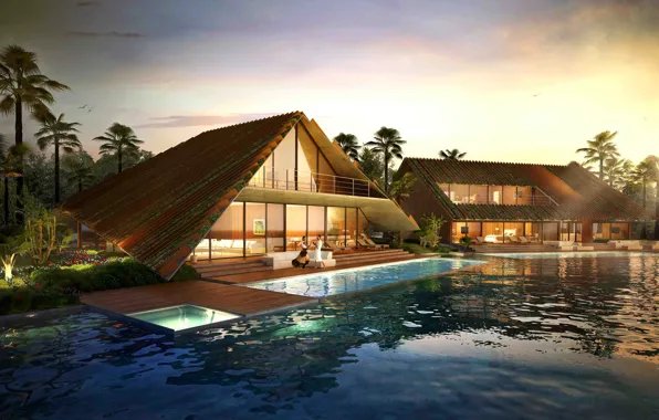 Picture palm trees, Villa, the evening, pool, lighting, Thailand, architecture, resort