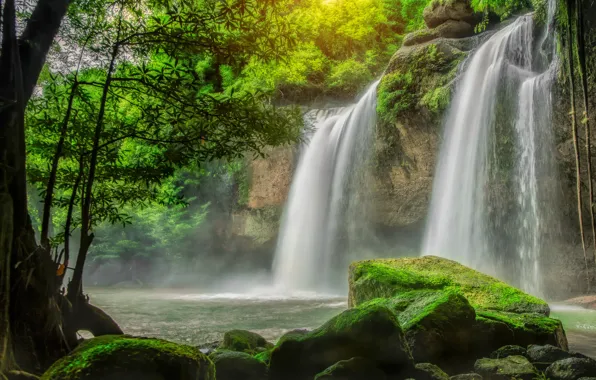 Greens, water, stones, waterfall, moss, threads