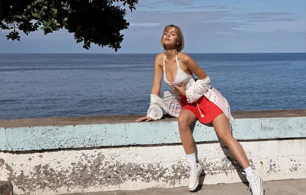 Woman, young, beautiful, model, skirt, sneakers, tan, tank top