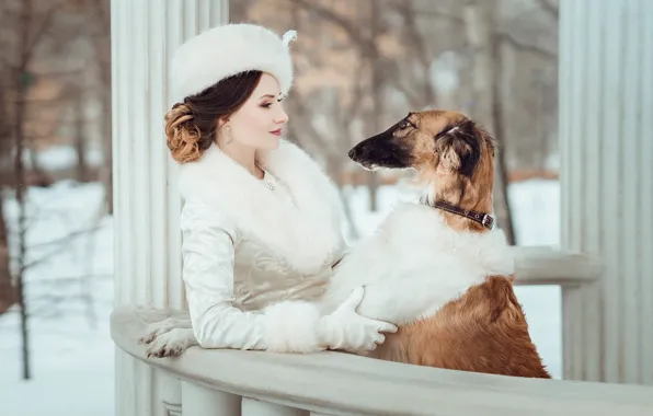 Winter, look, girl, snow, branches, nature, Park, dog