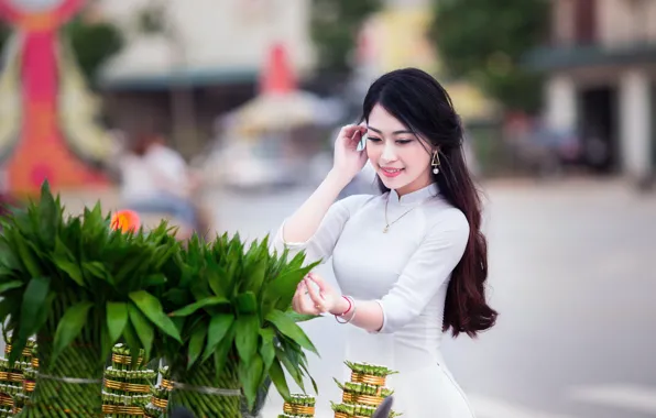 Picture greens, decoration, smile, Asian, white dress, long hair, long hair, smile