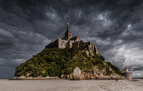 The sky, clouds, France, island, tide, Mont-Saint-Michel, Abbey