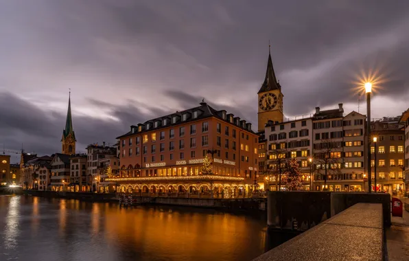The sky, clouds, the city, shore, watch, building, home, the evening