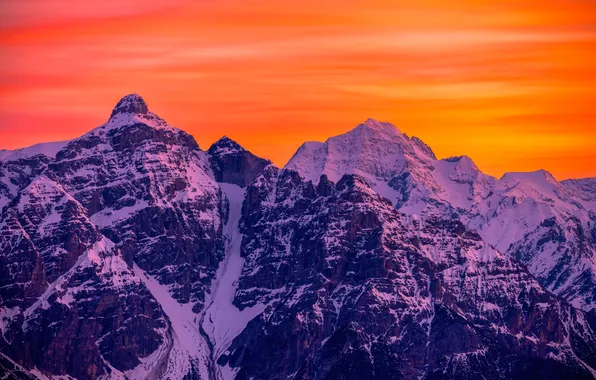 Sunset, mountains, peaks, mountain peaks