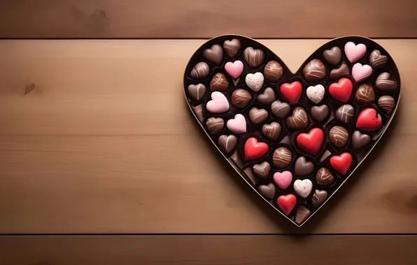 Table, heart, Board, heart, hearts, a lot, Valentine's Day, a box of chocolates