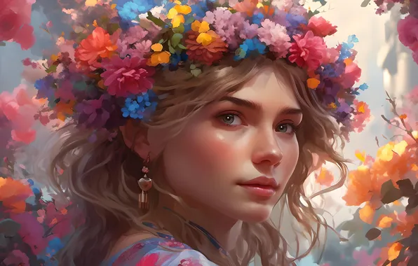 Look, girl, flowers, figure, portrait, picture, earrings, blonde
