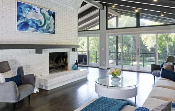 Interior, balcony, oven, fireplace, living room