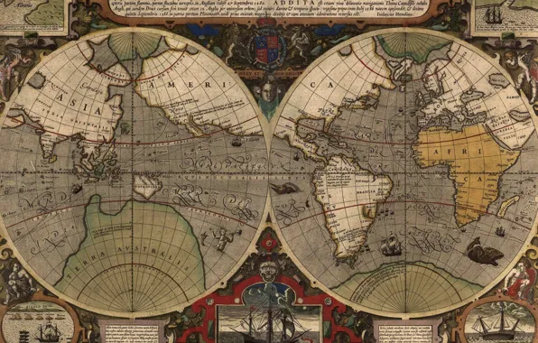 Picture sea, the ocean, earth, figure, ship, island, map, continents