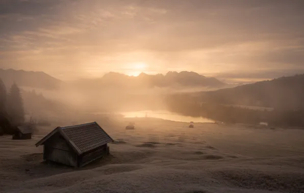 Winter, frost, forest, snow, mountains, fog, lake, dawn