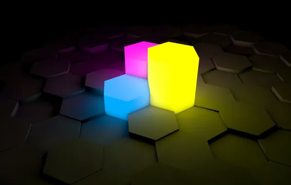 Picture purple, yellow, blue, Hexagon